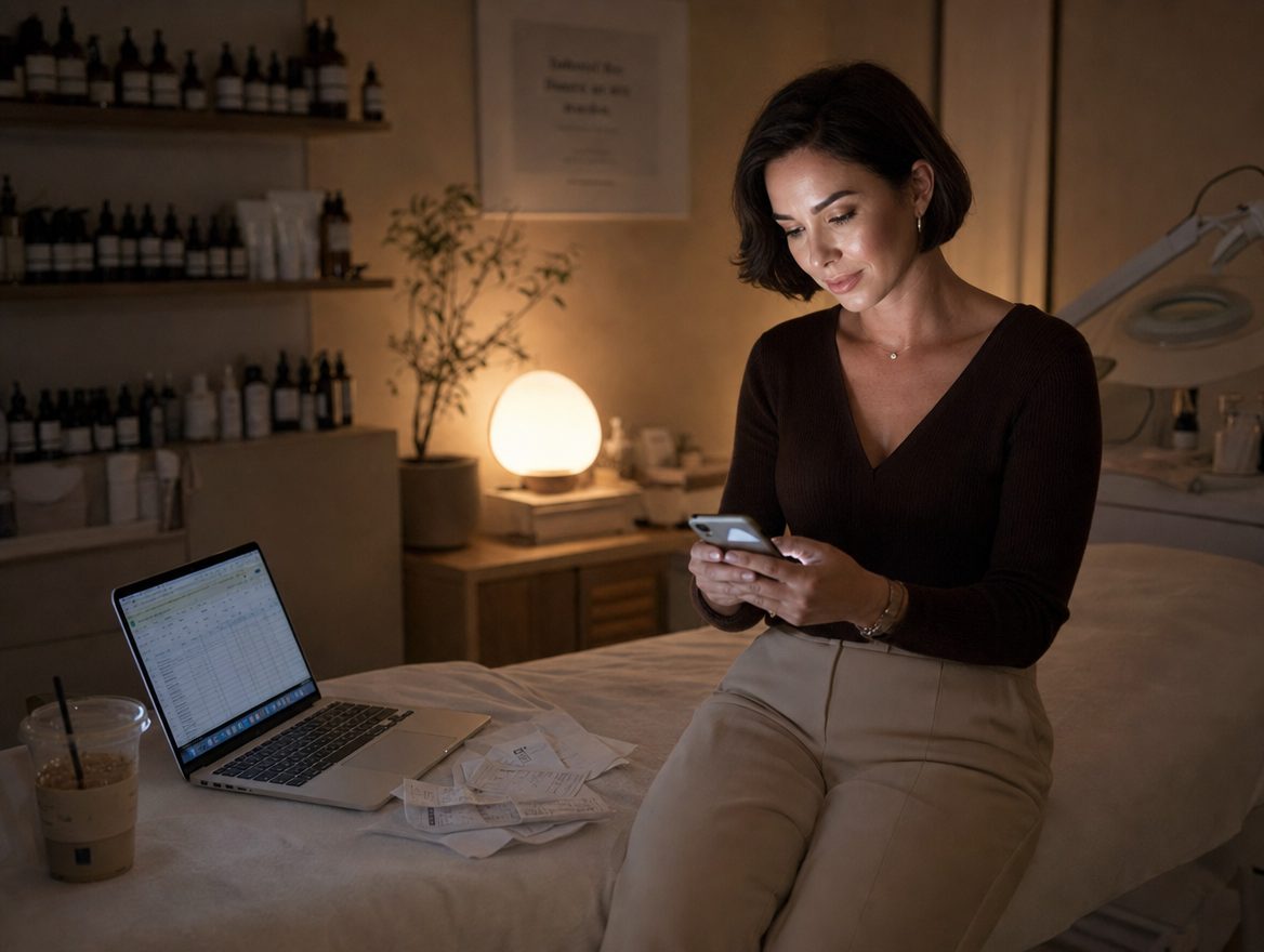 Patricia in her studio late at night, answering messages on her phone